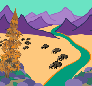 Bison, Stream, and Mountains Landscape