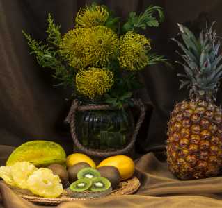 Tropical Fruits and Yellow Leucospermum Flowers - DSC4327