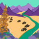 Bison, Stream, and Mountains Landscape